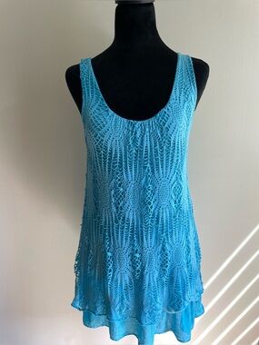 Froccella Italy Turquoise Crochet Lace Layered Tunic Tank Top Women’s S/M